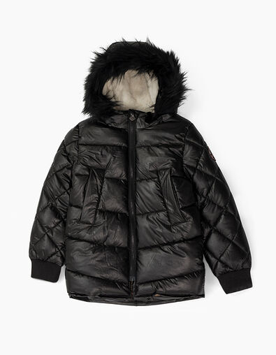 Girls’ black coated padded jacket with fur hood  - IKKS