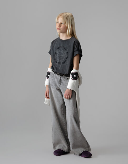 Girls’ grey organic cotton T-shirt, slogan & butterfly - IKKS