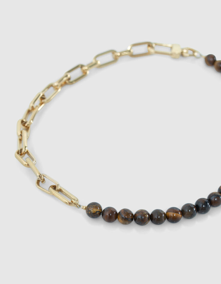 Collier marron oeil de tigre et maille trombone Femme-6
