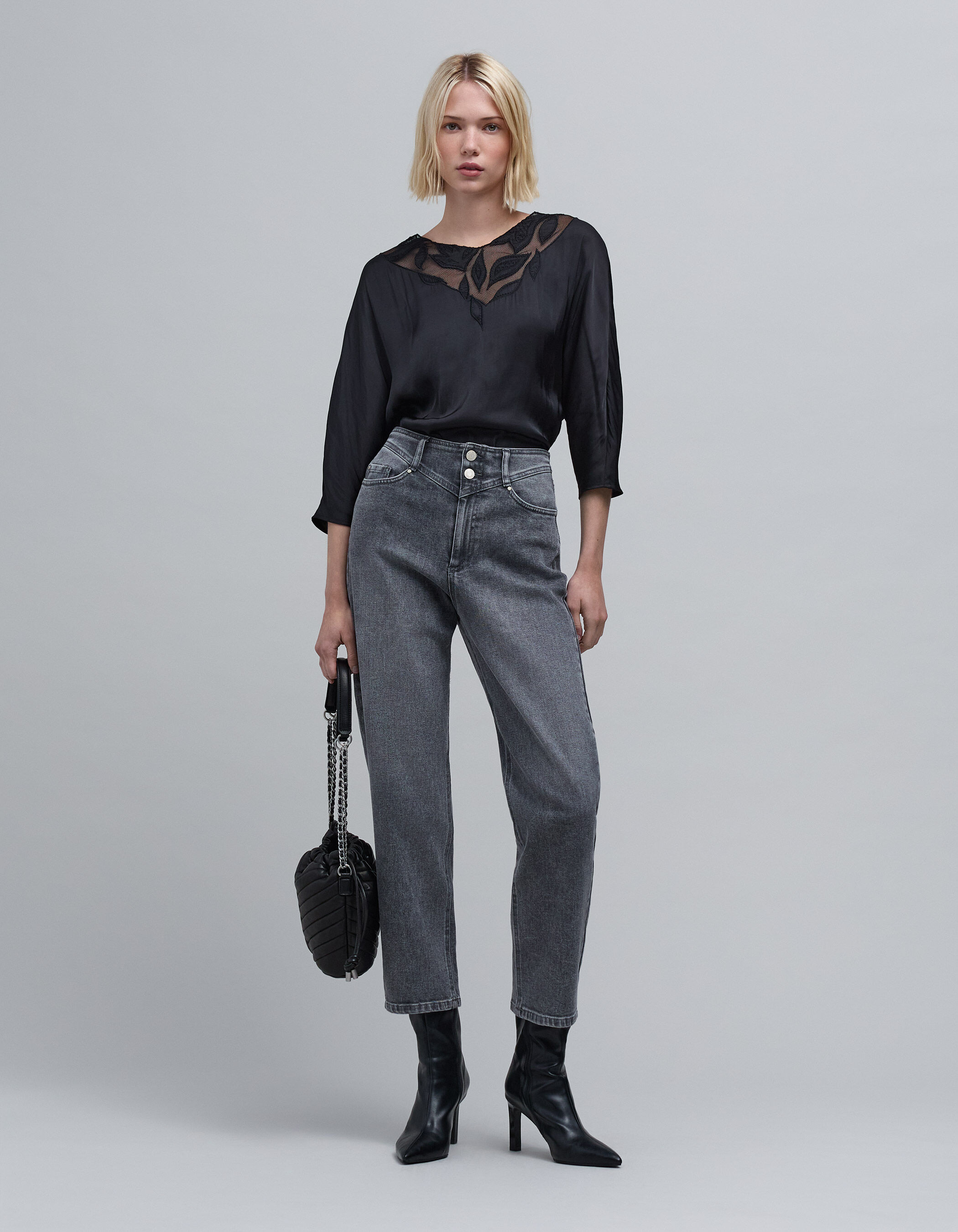Women s black floral embroidered fishnet blouse IKKS