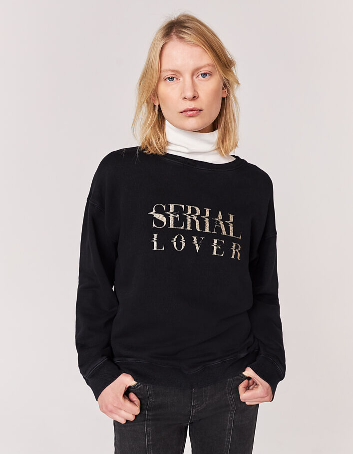Women’s black cotton sweatshirt with gold glitter slogan-2