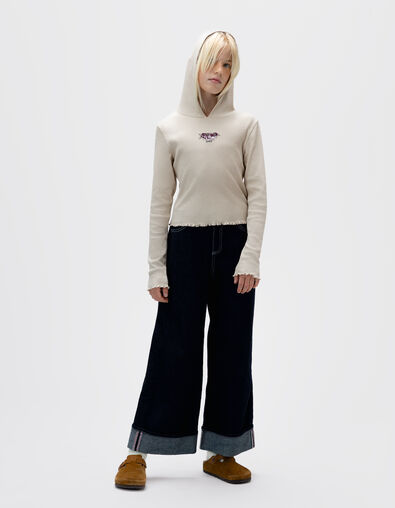 Beiges Mädchen-Kapuzenshirt Rippstick Rosen - IKKS