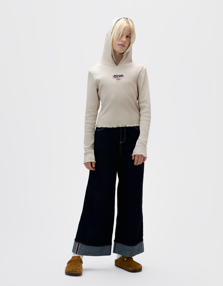 Beiges Mädchen-Kapuzenshirt Rippstick Rosen-1