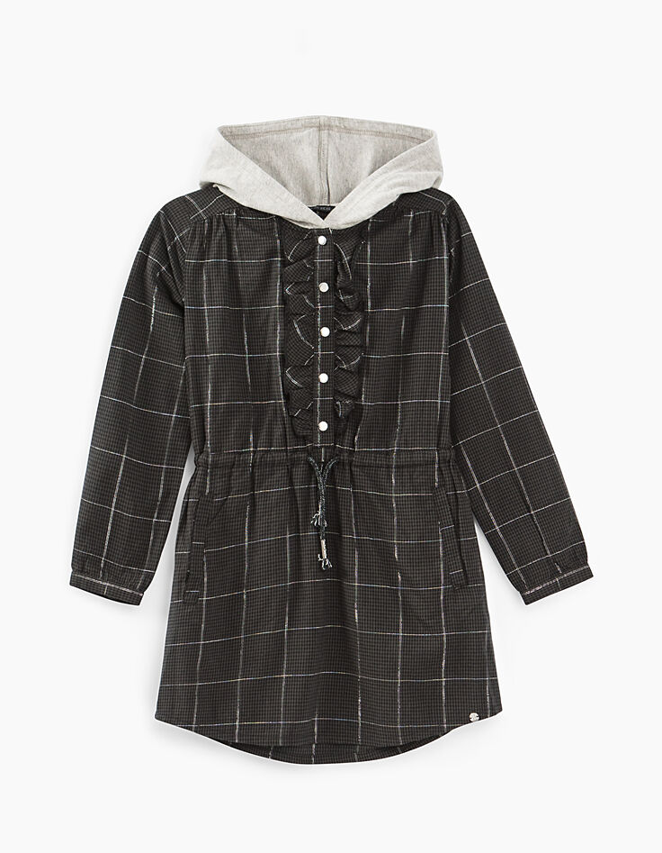 Robe gris anthracite à carreaux avec capuche fille-2