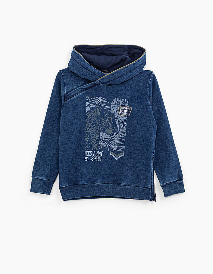 Boys’ indigo sweatshirt with leopard print and badge