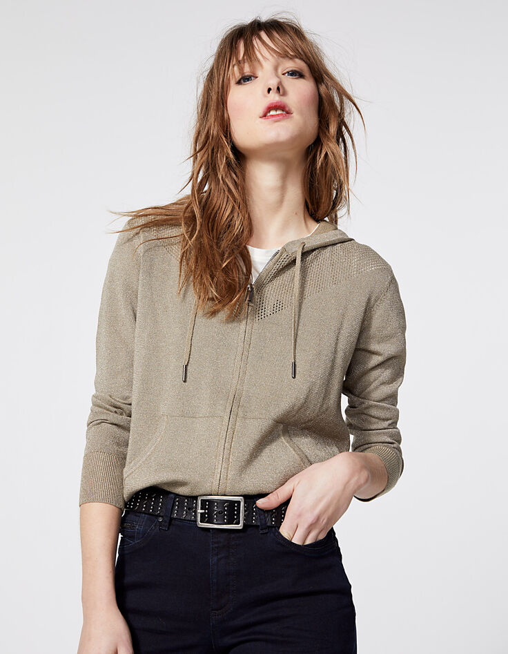 Cardigan zippé métallisé à capuche points résille femme-1 Cardigan zippé métallisé à capuche points résille femme-1