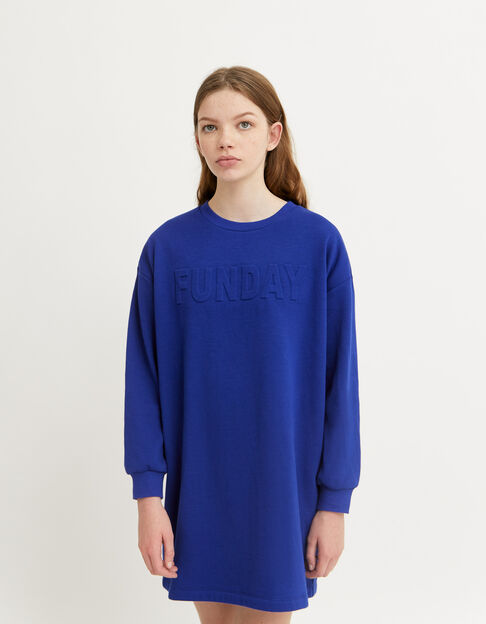 Girls’ blue sweatshirt dress with XL embossed slogan