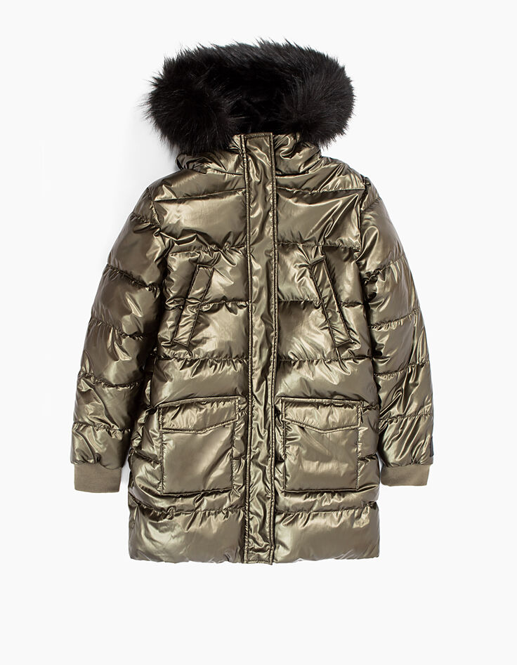 Girls’ khaki metallic-look long padded jacket-3