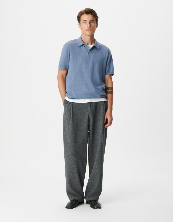 Blaues geflammtes Baumwoll-Poloshirt mit kurzen &Auml;rmeln-5