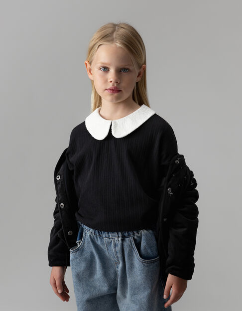 Zwart T-shirt lange mouw ecru kraag lovertjes meisjes - IKKS