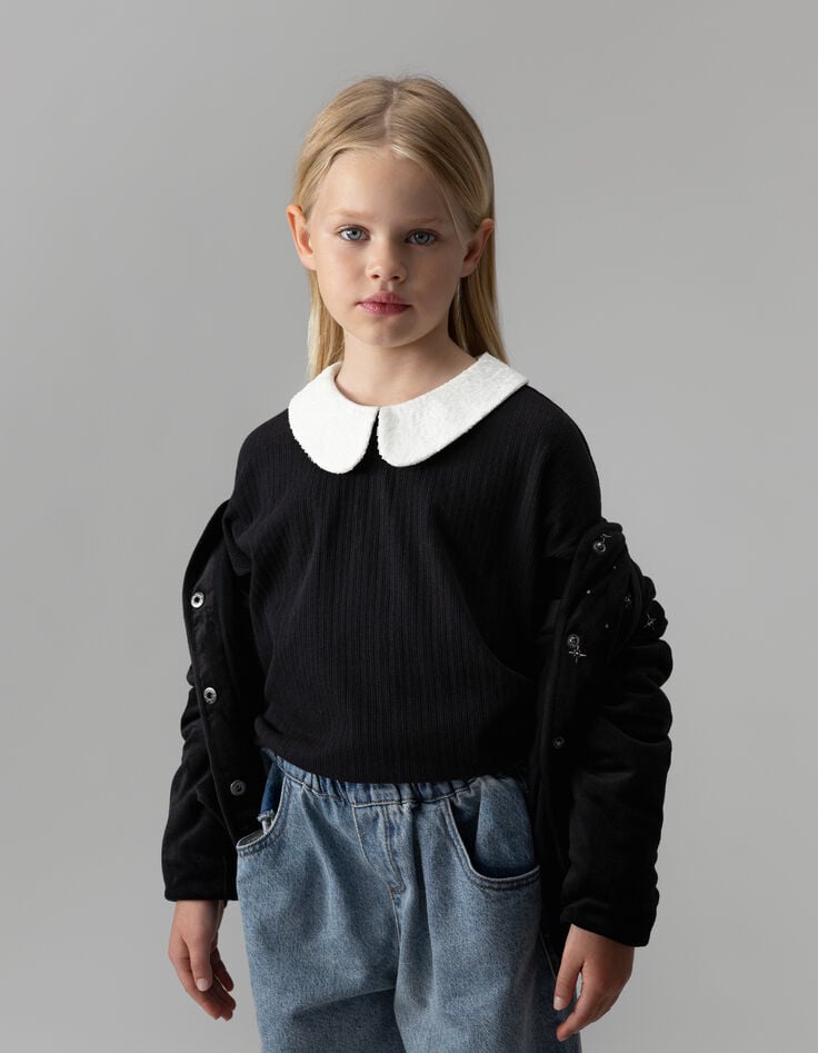 T-shirt manches longues noir col écru brodé sequins fille-2 T-shirt manches longues noir col écru brodé sequins fille-2