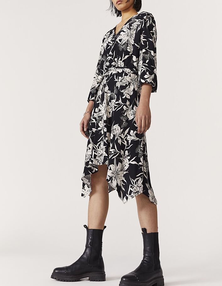 Robe midi en crêpe imprimé floral noir et blanc femme-1