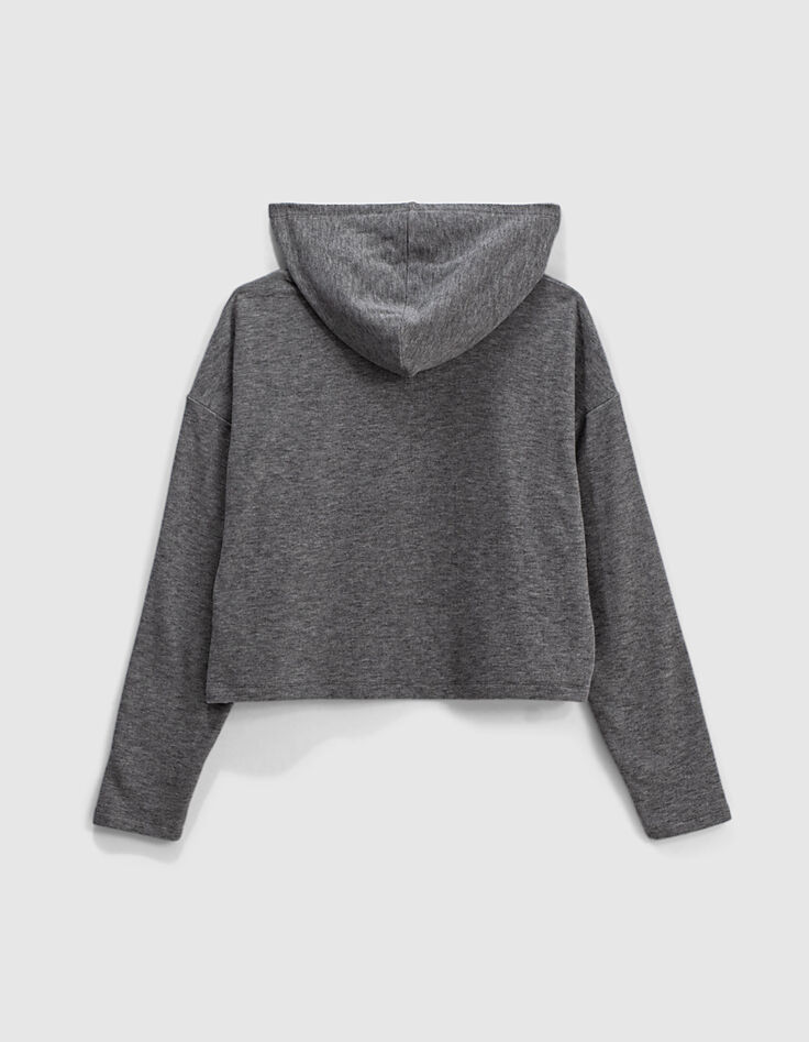 Tee-shirt gris chiné à capuche visuel noir et blanc fille-3