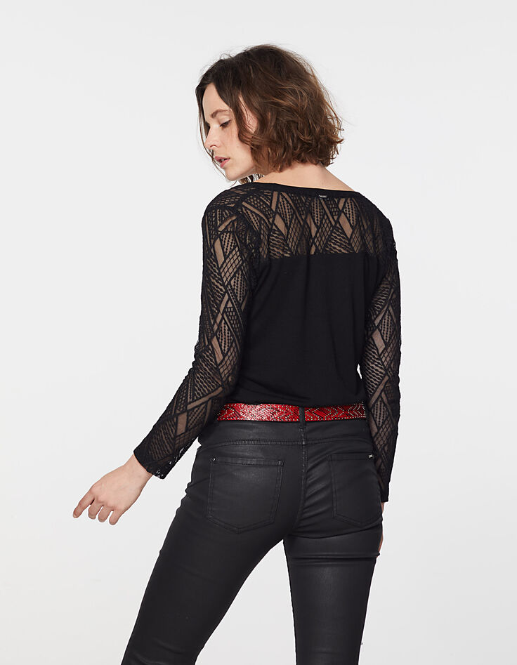 Tee-shirt noir bi-matière en viscose apport laine femme-3