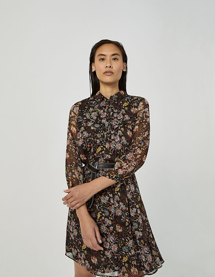 Voile babydoll-jurk metallic bloemenprint op zwart-2