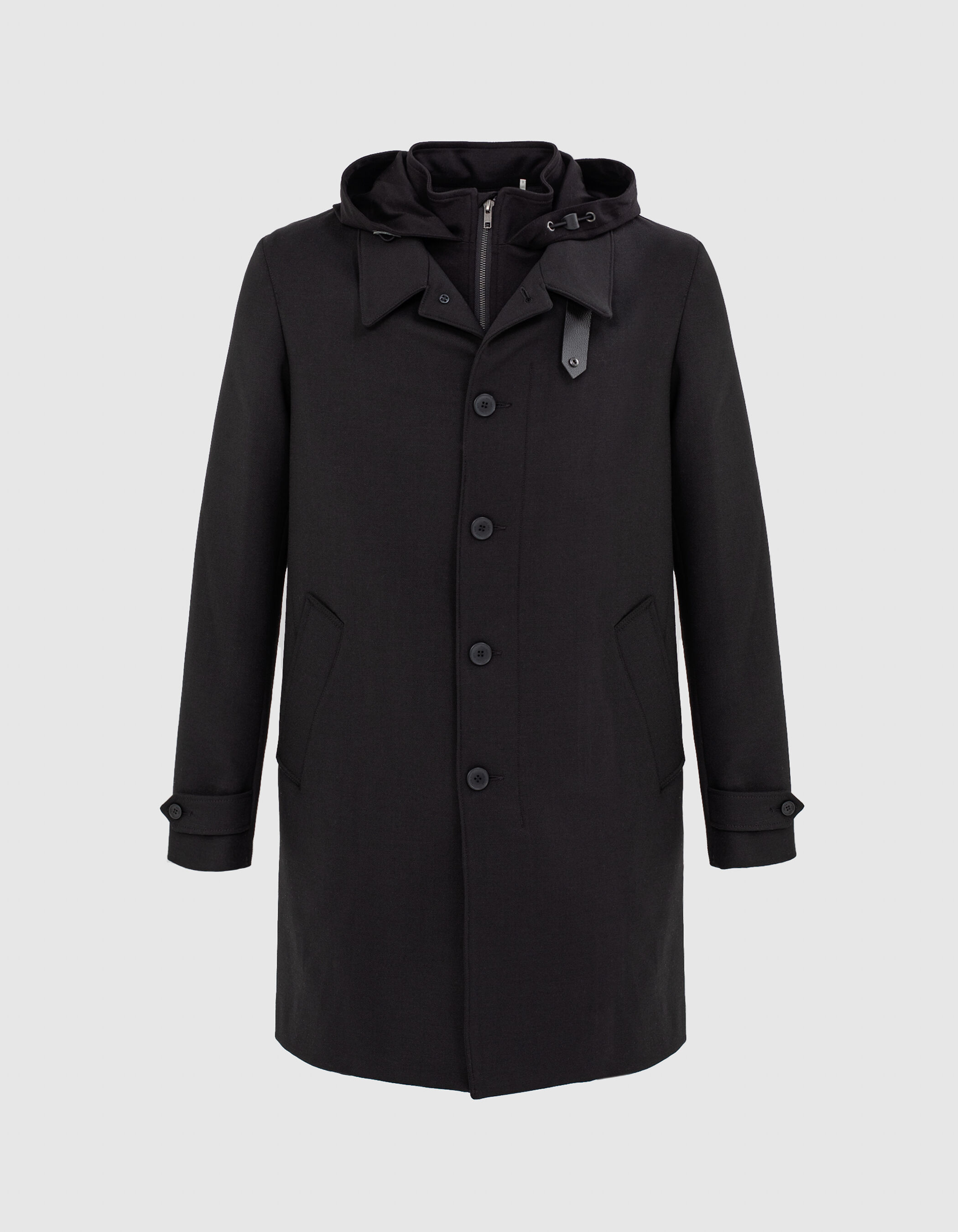 Men s black trench coat with detachable hood facing