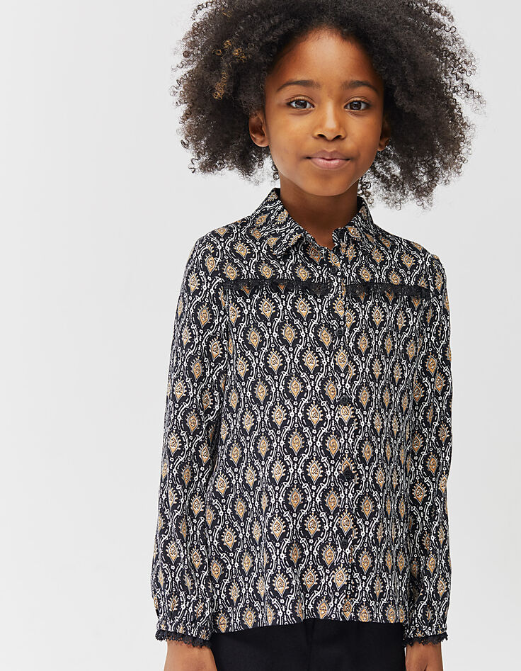 Girls’ black paisley print and lace shirt-1