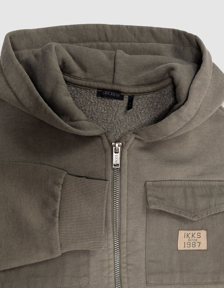 Cardigan à capuche zippé kaki poches bi-matières garçon-3 Cardigan à capuche zippé kaki poches bi-matières garçon-3
