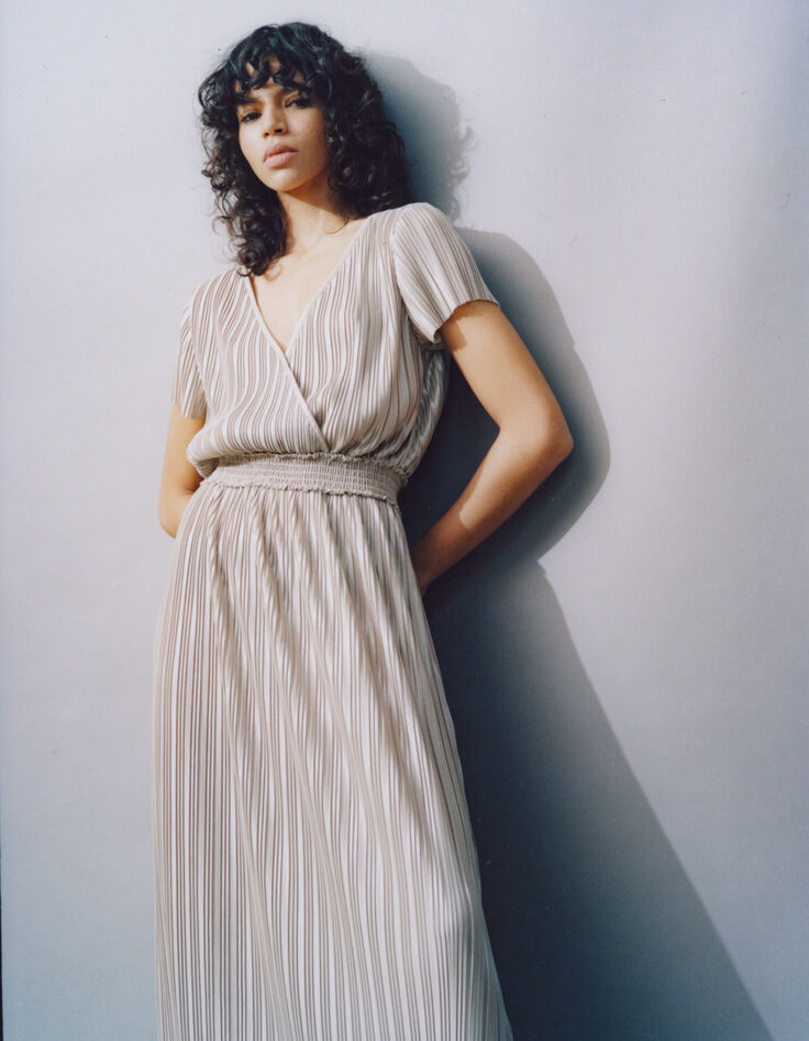 Robe longue dorée plissée réversible Femme-9