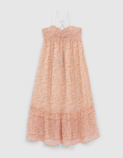 Girls' peach long dress with flower tachist print - IKKS