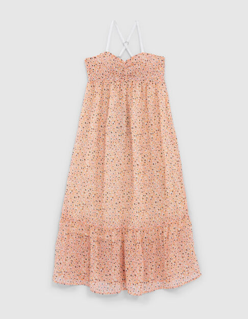 Girls' peach long dress with flower tachist print - IKKS