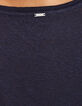 Tee-shirt col V en lin marine message flocage velours femme-3