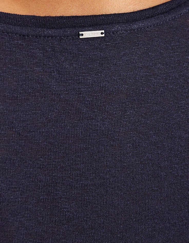 Tee-shirt col V en lin marine message flocage velours femme-3