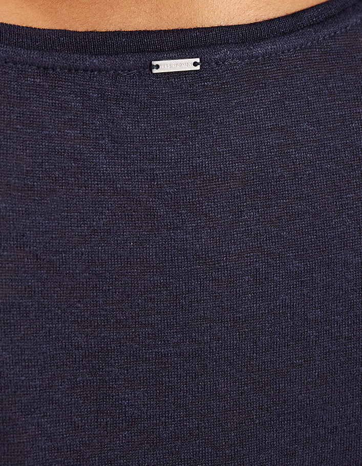 Marineblaues Damen-T-Shirt aus Leinen mit V-Ausschnitt mit geflocktem Veloursschriftzug - IKKS