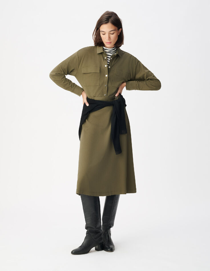 Women's Khaki Knit Shirt Dress with Belt-5