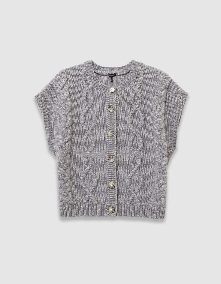 Girls’ grey cable knit sleeveless cardigan-3 Girls’ grey cable knit sleeveless cardigan-3