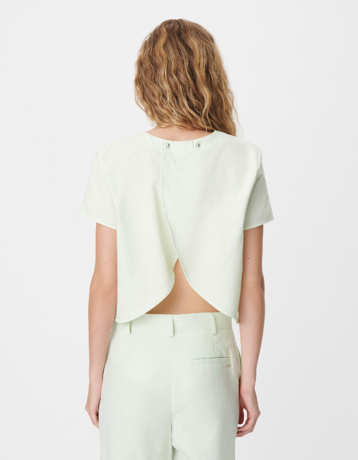 Top manches courtes vert coton lin ouverture dos Femme-3