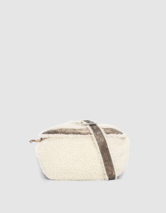 Sac banane blanc cassé peau lainée et cuir