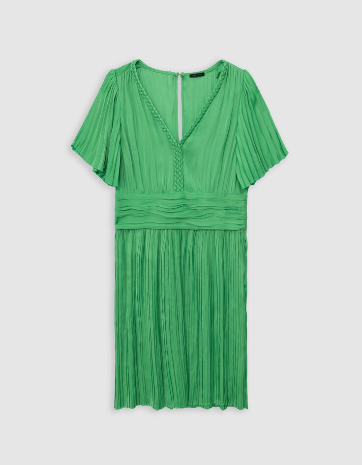 Robe courte verte satin&eacute;e pliss&eacute;e Femme-6