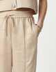Pantalón ancho Mujer de poliéster reciclado beige con cintura elástica-5