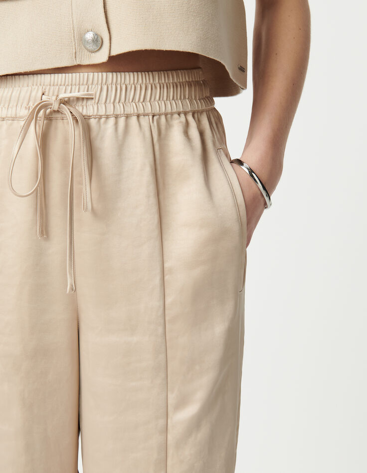 Pantalón ancho Mujer de poliéster reciclado beige con cintura elástica-5