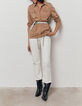Women’s beige long safari-style jacket with motif on back-1