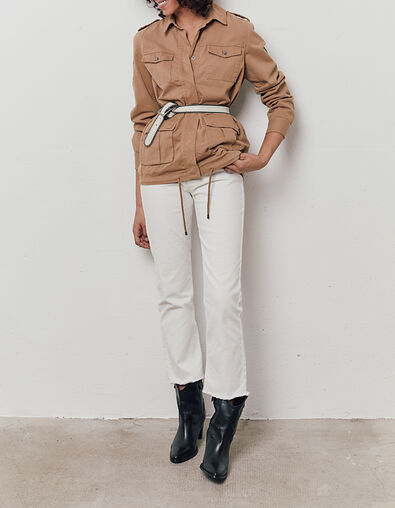 Women’s beige long safari-style jacket with motif on back - IKKS