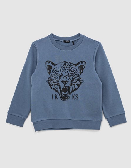 Stormblauwe sweater, zwarte luipaardkop jongens 
