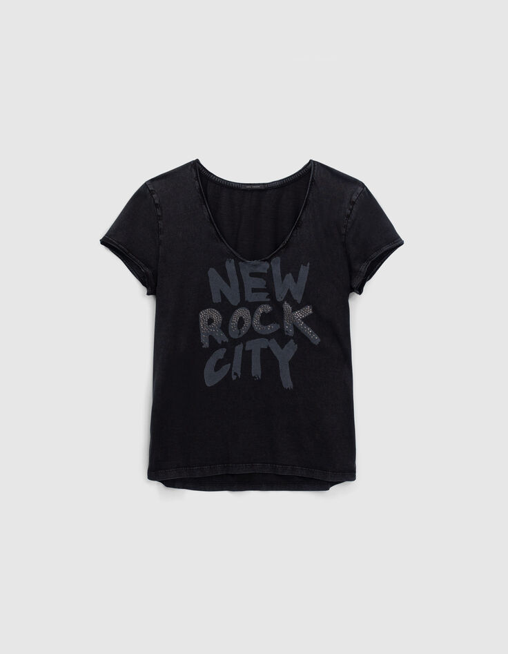 Women’s black T-shirt with Rock slogan and studs-8