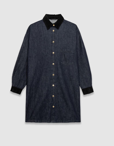 Blaues Damen-Jeanshemdkleid Samtkragen und -manschetten - IKKS