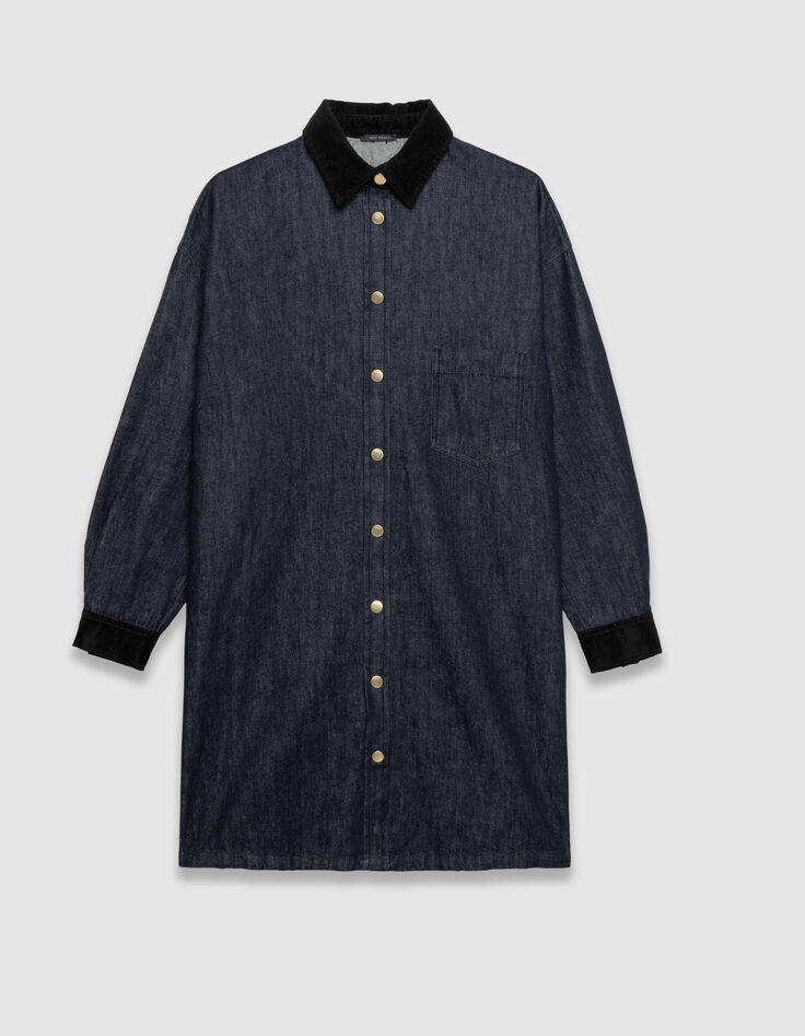 Blaues Damen-Jeanshemdkleid Samtkragen und -manschetten-1 Blaues Damen-Jeanshemdkleid Samtkragen und -manschetten-1