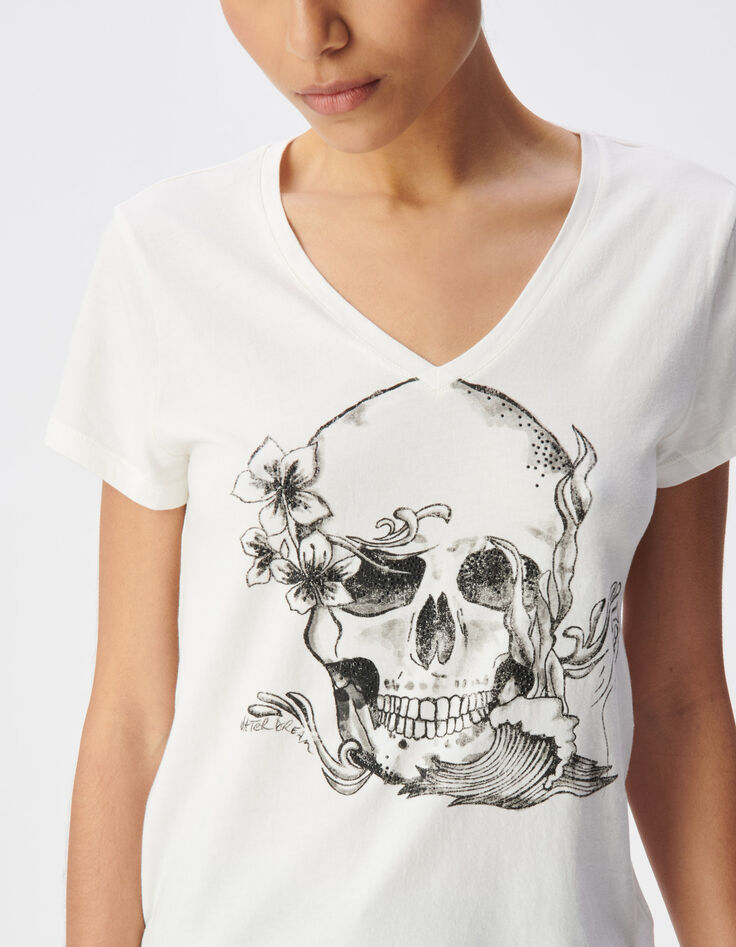 Wit V-hals T-shirt biologisch katoen visuele schedel Dames-4