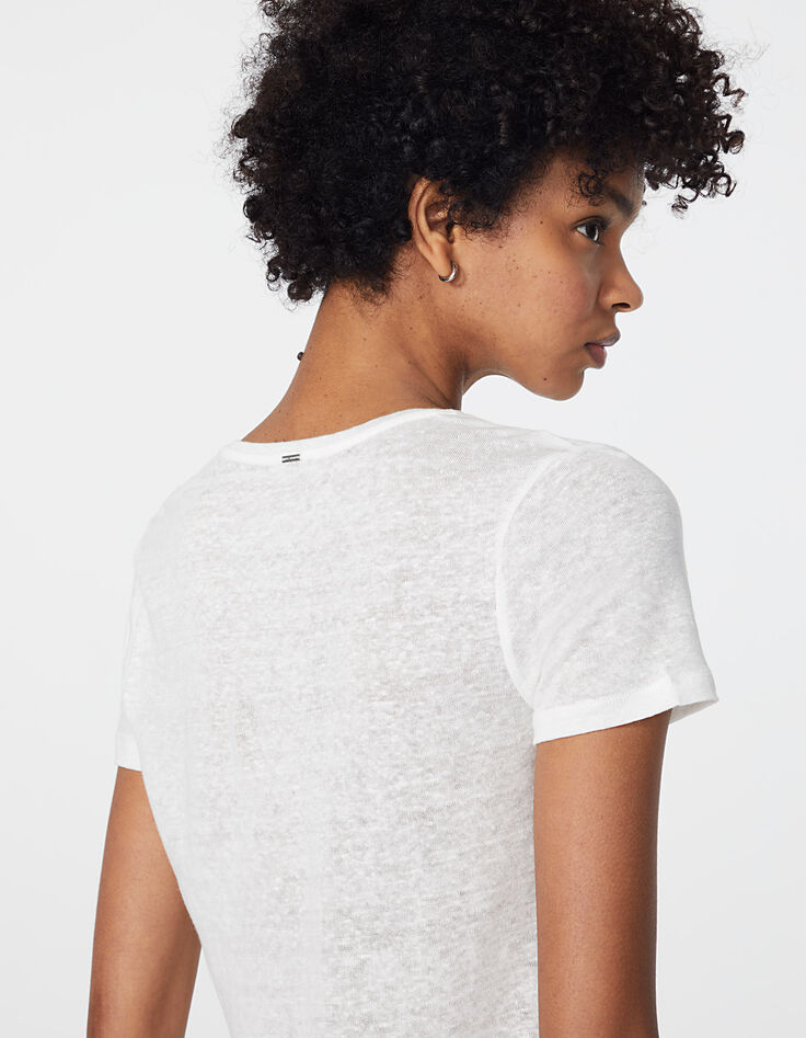 Tee-shirt en lin blanc visuel palmiers et papillon femme-4