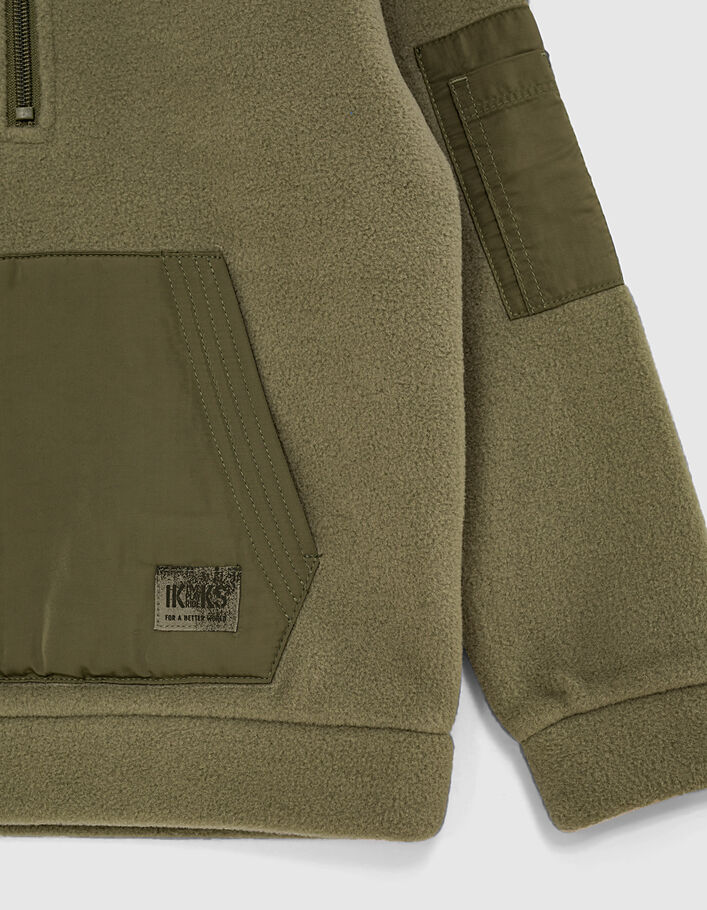 Boys’ khaki fleece zipped sweatshirt+nylon kangaroo pocket - IKKS