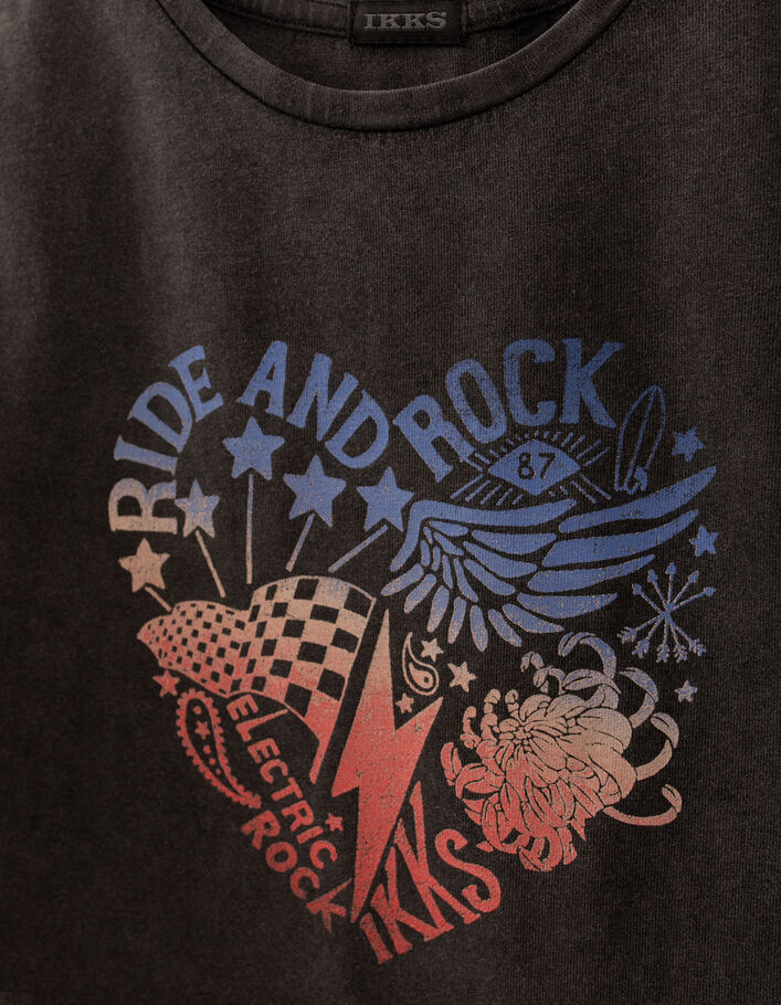Schwarzes Mädchen-T-Shirt im Crop-Schnitt mit Rocker-Herz - IKKS