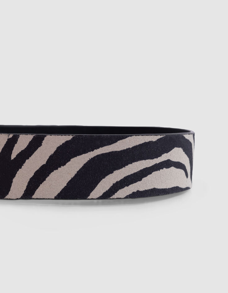 Women's unbleached leather belt with zebra pattern and open buckle-3