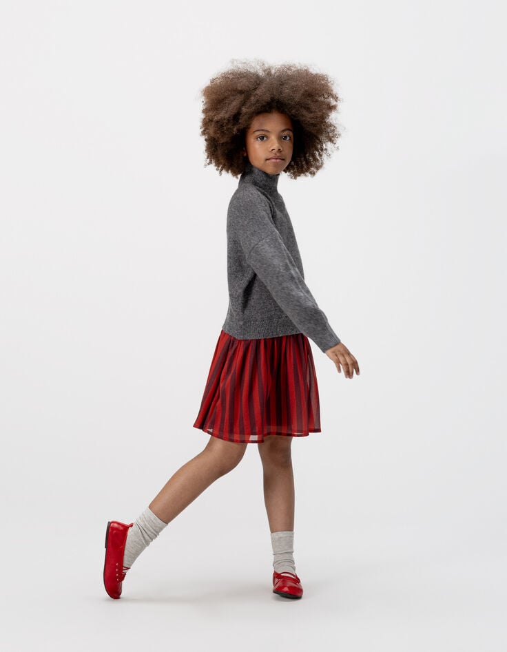 Graues Mädchenpulloverkleid Mischgewebe rote Streifen-1 Graues Mädchenpulloverkleid Mischgewebe rote Streifen-1