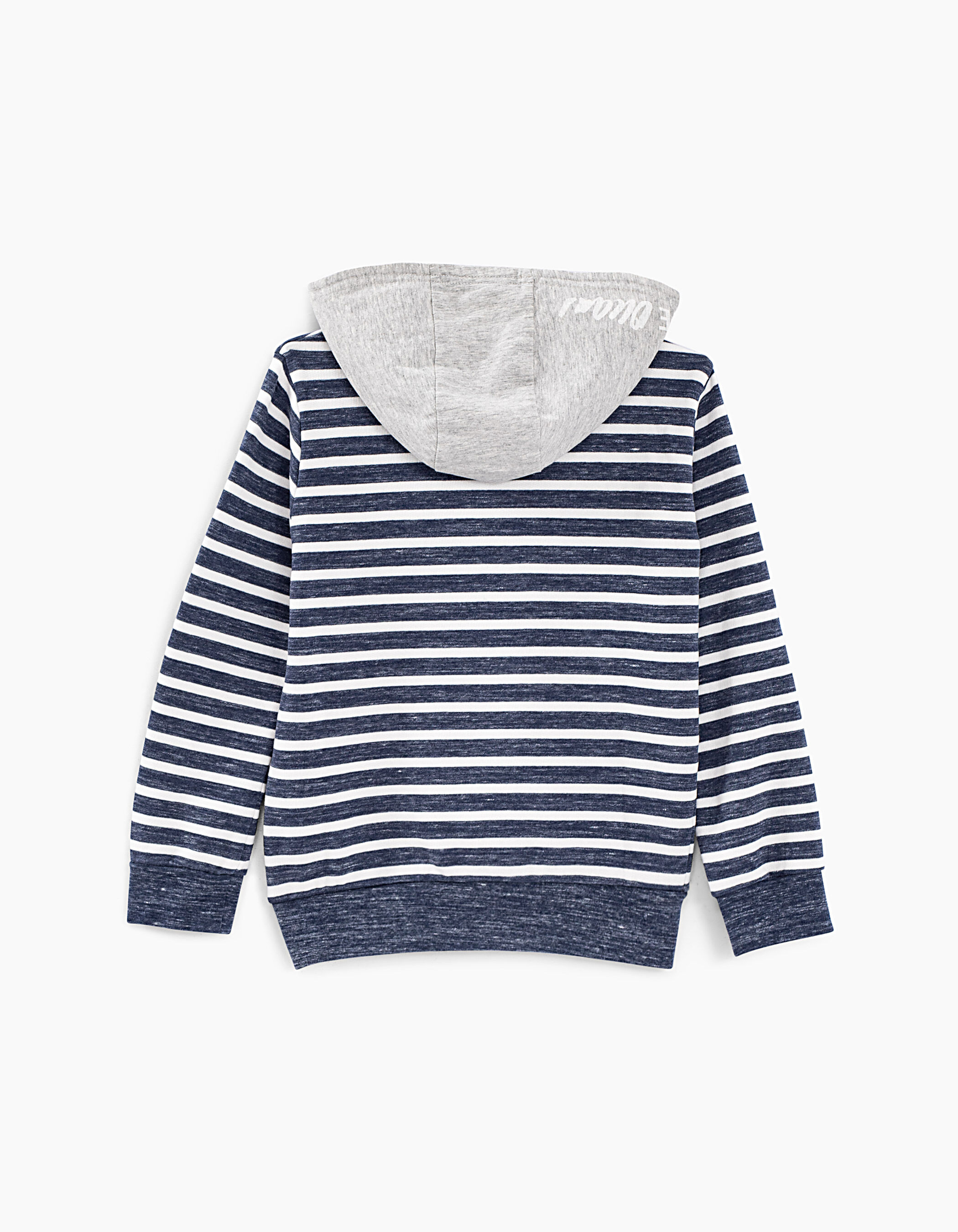 Boys navy striped hoodie with grey hood