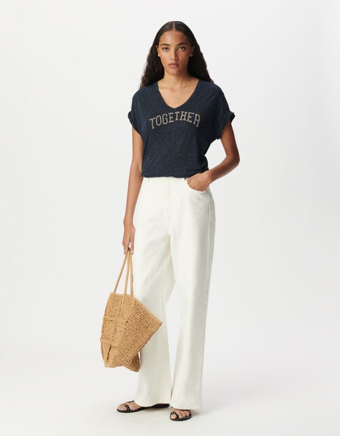 Navy T-shirt with bead embroidered slogan - IKKS