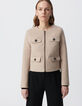 Women's straight beige wool jacket with rhinestone buttons-3